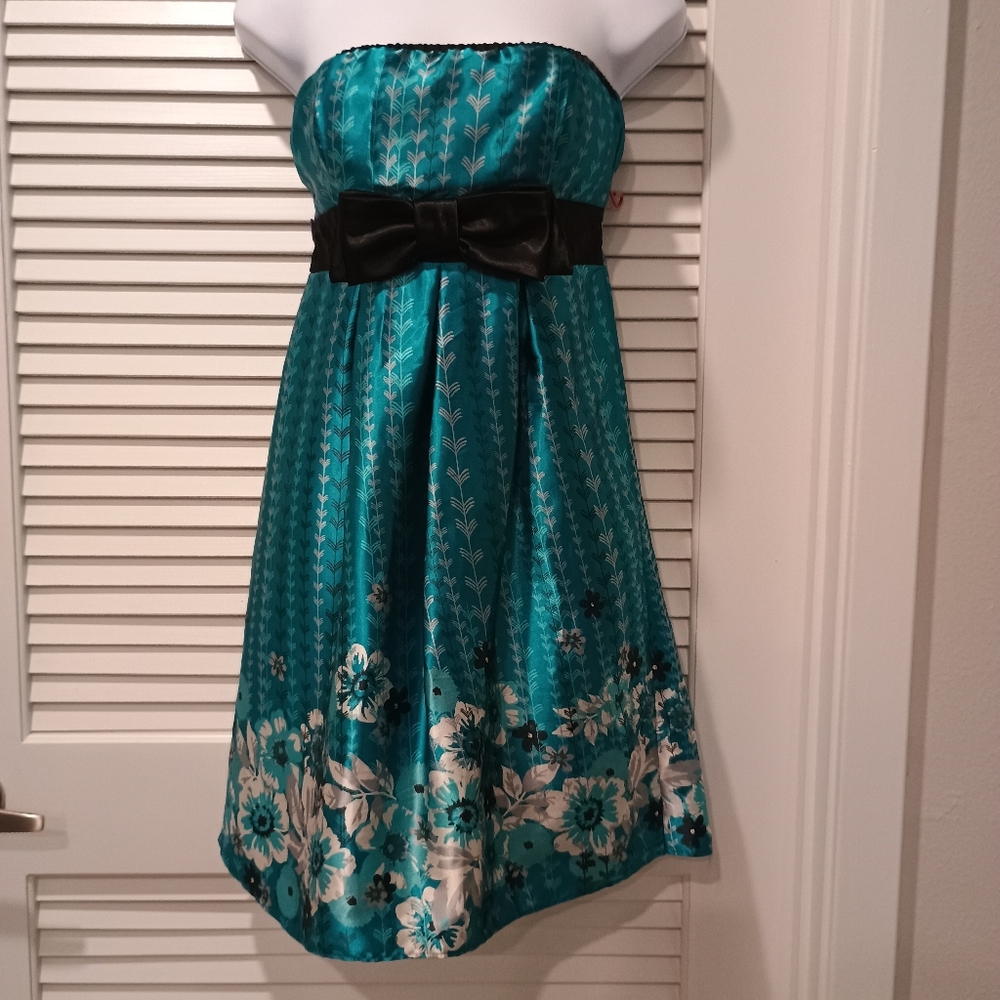 Teez Me Teal Strapless Satin Mini Dress with Black Bow Size 5
